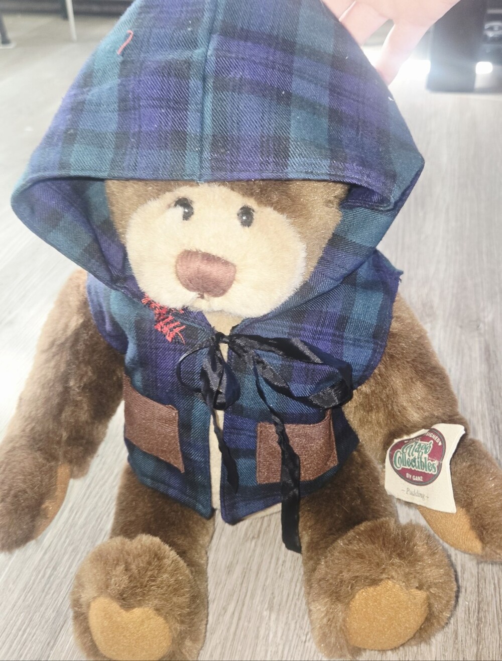 Cottage Collectibles Brown Teddy Bear in Blue Plaid Hooded Vest Pudding